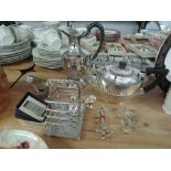 A selection of silver plated ware etc including part tea set , toast rack and knife rests