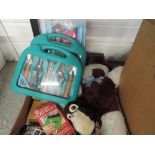 A box containing assorted childrens toys, gardening equipment etc