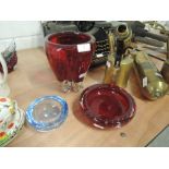 Two pieces of ruby glass and a blue glass dish