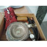 A box of watches, platedware and hat pins