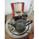A miscellaneous selection including a plated tray, pewter tankard and teapot, a brass candle