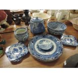 A selection of blue and white ware including biscuit barrel