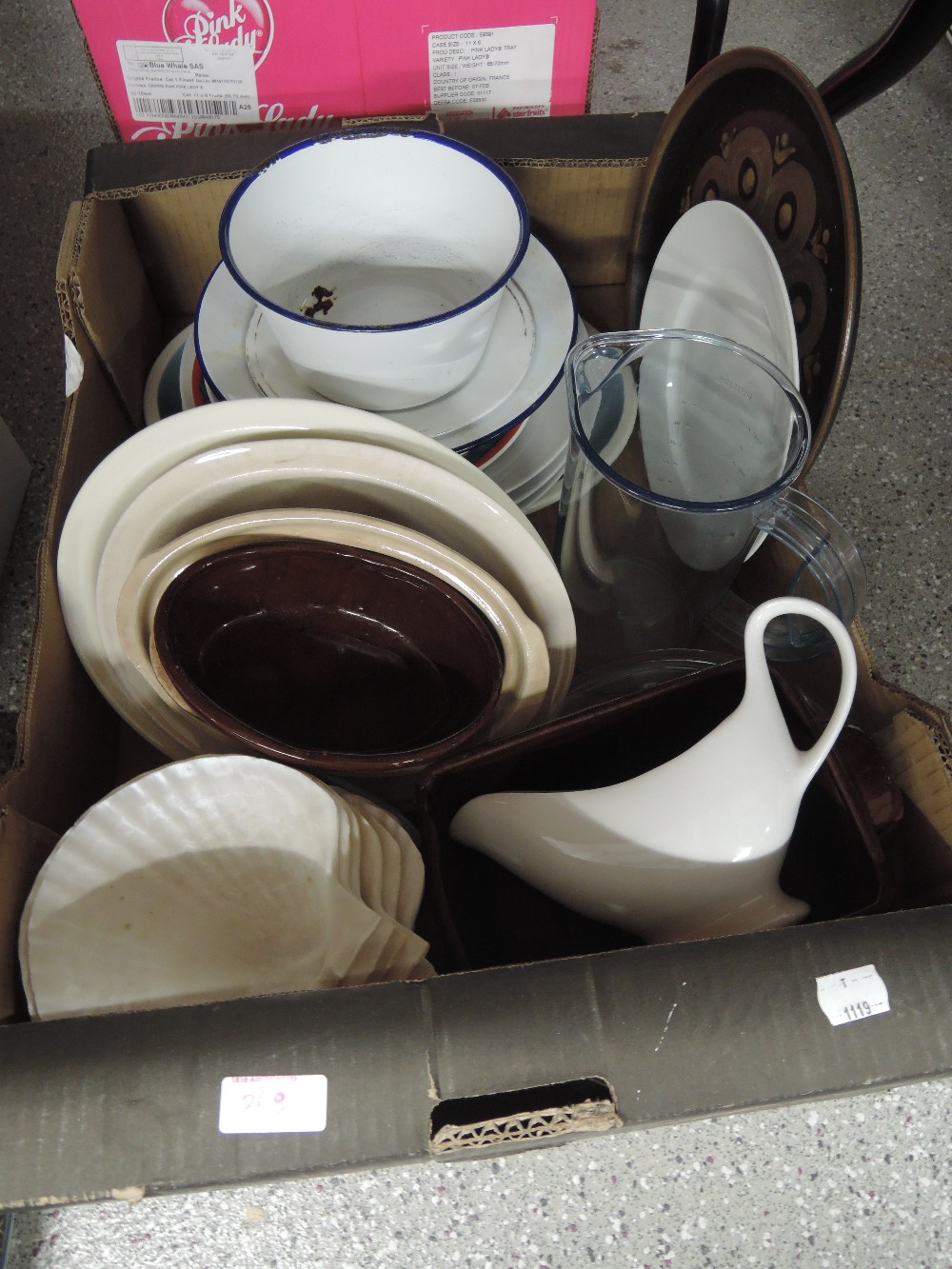 A box of various kitchen ware