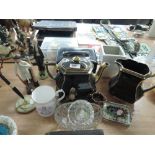 A selection of miscellaneous including Jackfield style teapot, bisque humorous figures, jewellery