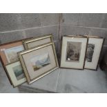 Four rural scene watercolours and two engravings after Fred Slocombe, The Old Town House and A