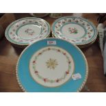 A 19th Century tazza and set of 6 plates, all of similar pattern, duck egg blue and gilt with rose