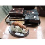 A selection of lacquered boxes and trays, and a Heredities Fox study