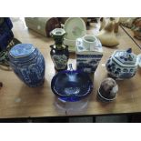 A selection of ceramics and glassware including Ringtons tea caddy