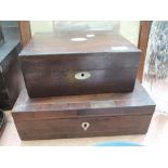 Two mother of pearl inlayed jewellery boxes and a set of button hooks