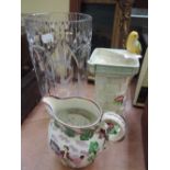 A Sunderland lustre jug, a Wade handled vase with bird study and an etched glass vase