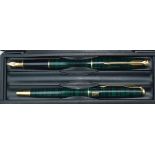 A Parker Sonnet fountain pen and ballpoint, green laque, uninked