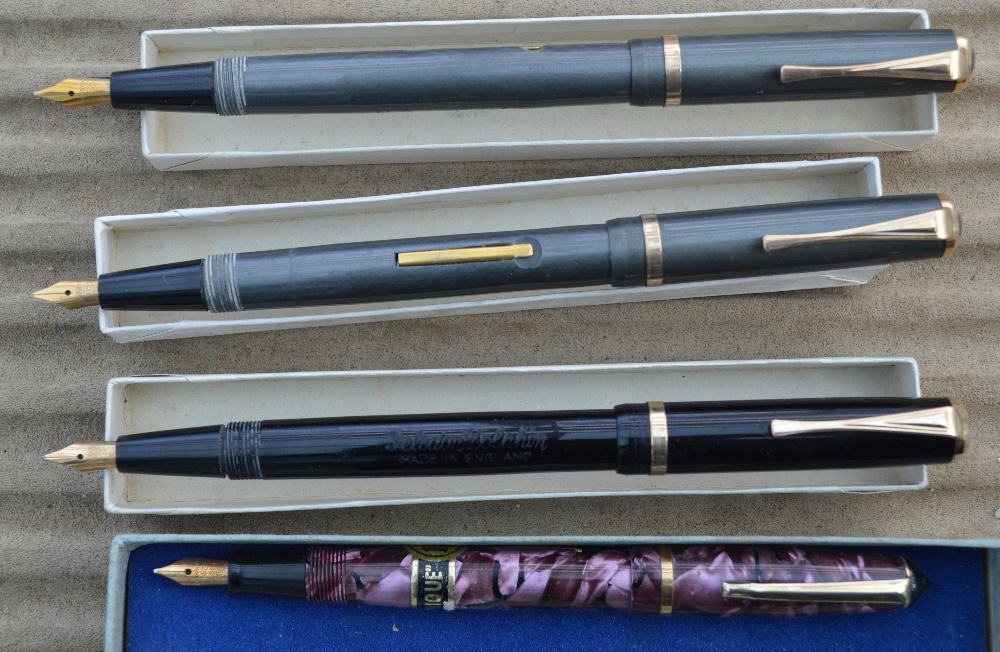 Three Selsdon fountain pens and Unique fountain pen, 14k gold nibs