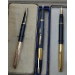 Three Waterman fountain pens, CF, 877 and French with 18knib