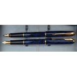 A Parker Sonnet fountain pen and rollerball, blue laque, uninked