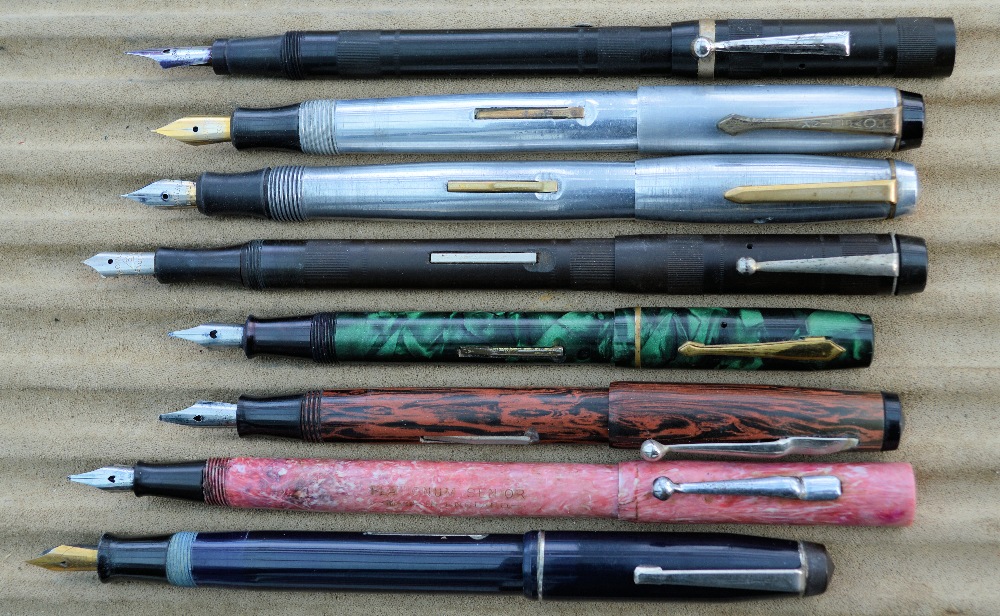 Eight miscellaneous fountain pens, including two Homelink, Irido, Pink Platignum, Senior, The