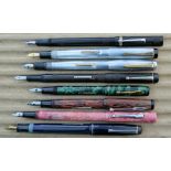 Eight miscellaneous fountain pens, including two Homelink, Irido, Pink Platignum, Senior, The