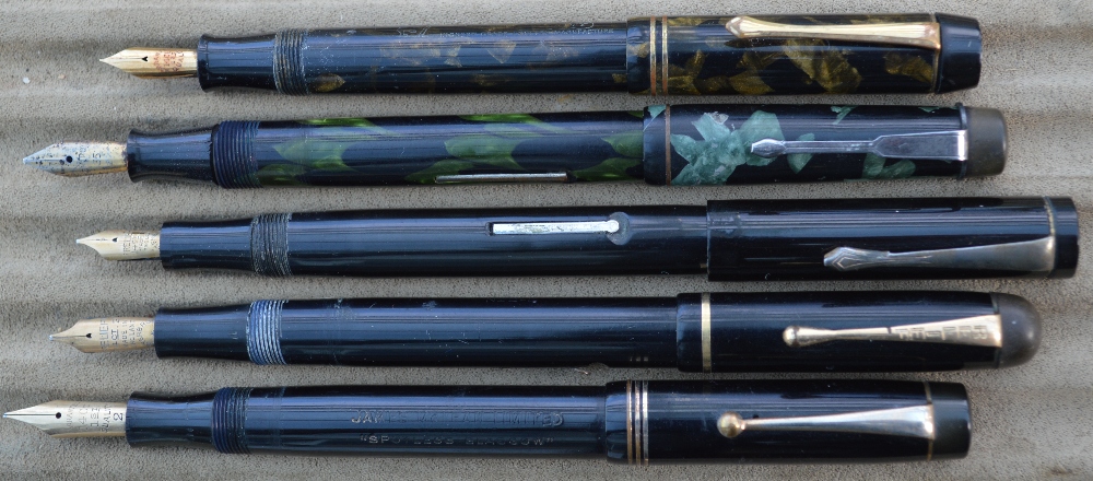 Five miscellaneous fountain pens, including Natioan Security, James McLean Spotless, Esterbrook