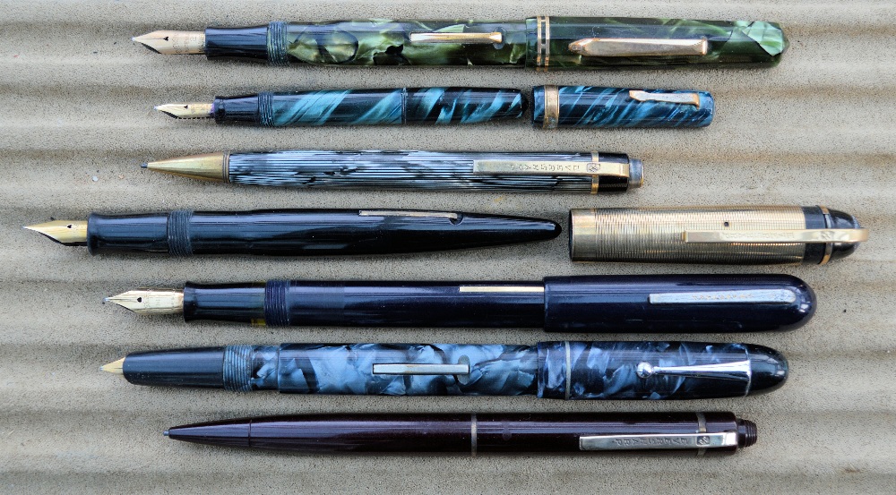 Five Eversharp fountain pens, 14k gold nib and two pencils