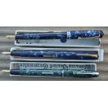 Three Conway Stewart fountainpens, green 75, blue 14 and blue 286