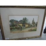 A watercolour, J P, village street scene, monogrammed and dated (18)84, 8'x13'