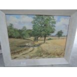 An oil painting on board, Barbara Ingle, Harvest in Essex, attributed en verso, 12'x17'