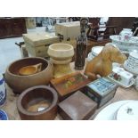 A collection of treen items including bowls and dog