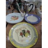 A Royal Doulton series plate, two lustre plates and a pair of cabinet plates and plated teapot
