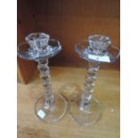 A pair of glass twist stem candlesticks