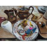 A miscellaneous selection including lustre ware, decorative plate, treen blotter and puppet etc