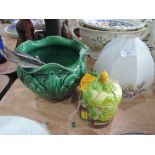 A glass light shade, Tudor bowl, honey pot and flatware