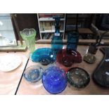 A selection of coloured glassware, including decanter, vases etc