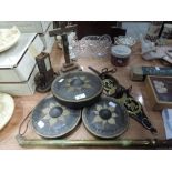 A selection of brass and metal ware including donkey match box holder and horse brasses