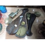 A vintage Opium pipe and Chinese opium scales in treen shaped boxes