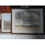 A watercolour signed Arthur J Waller, a lighthouse scene and print mountain and lake scene, after