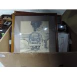 A box of pictures and prints including Railway interest Duchess of Hamilton by Tim Love etc