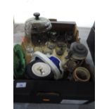 A box of retro smoked glass ware, beer steins and ash trays