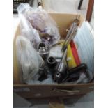 A box of machine parts including 1/2inch chuck chuck key, callipers etc