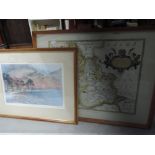 A reproduction Saxton map of Lancashire and a signed Judy Boyes print Winter at Buttermere, 53/500