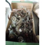 A box of vintage service bells and mechanical bell pulls with ceramic decoration (one A/F)