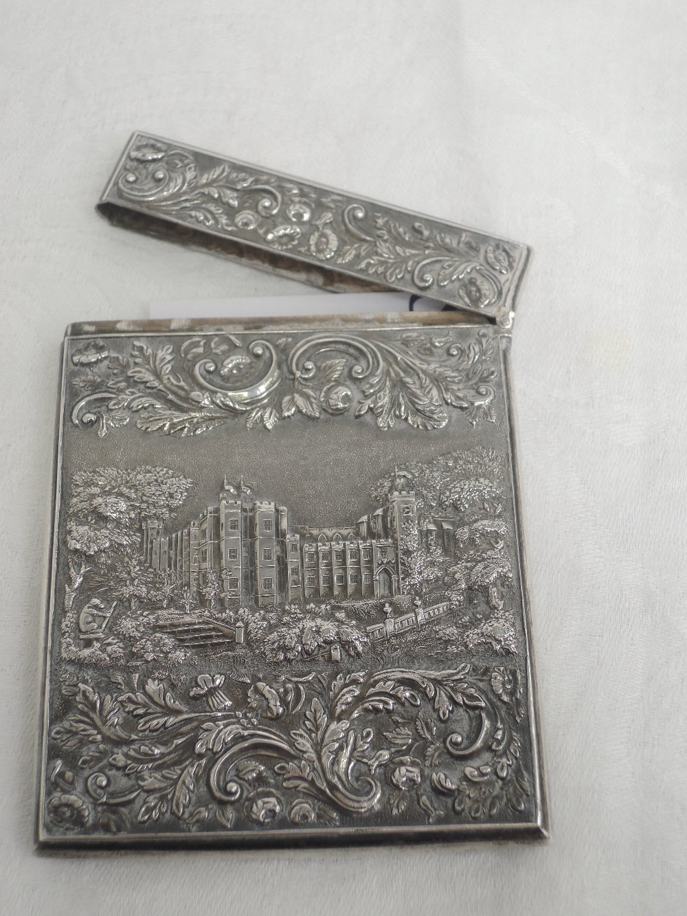 A Georgian silver castle top card case of rectangular form by Nathaniel Mills having a raised - Image 2 of 2