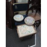 A Queens Silver Jubilee commemorative chair having E:R dedication on limed frame, two stools,