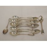 Eleven Victorian silver tea spoons of fiddle back design having reeded decoration, London 1877,