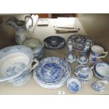 A selection of blue and white including 19th century ewer and tazza, and later including various