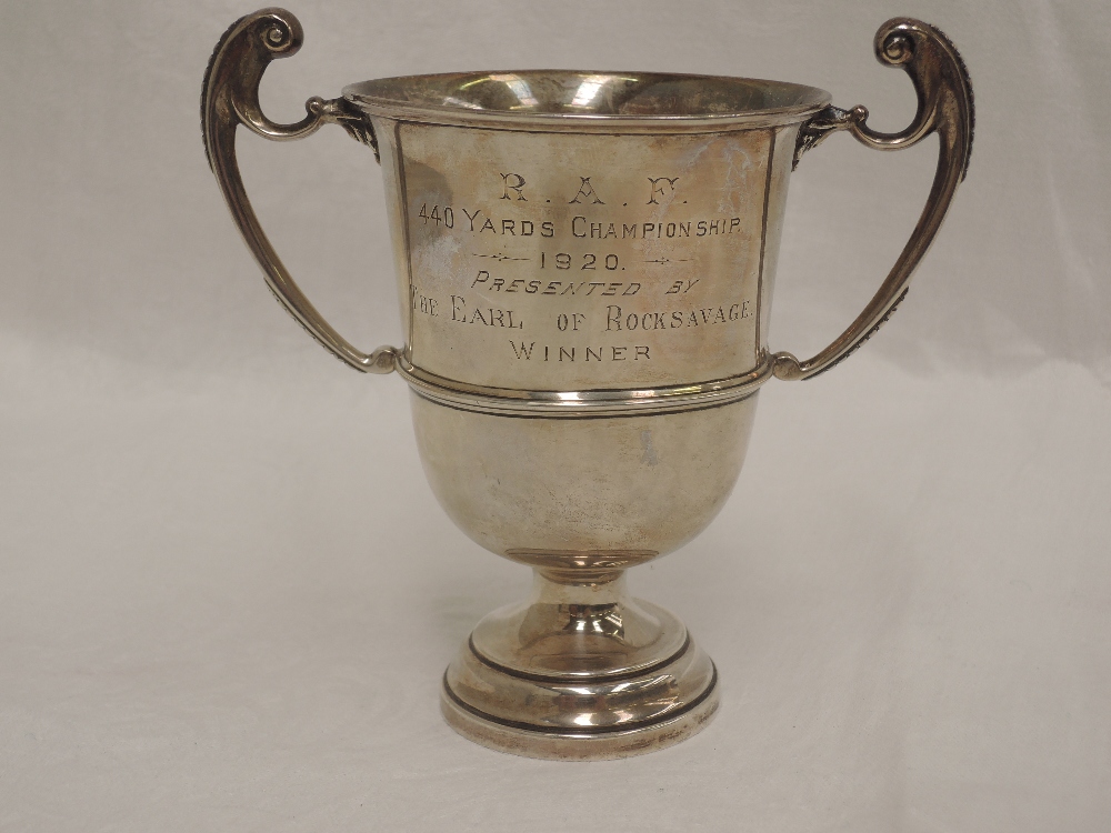 A small silver trophy presented by the RAF in the 440 yards championship 1920, having scroll handles
