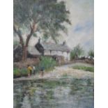 An oil painting, Brian Dobson, Grange from the river, signed and attributed verso 17'x14'