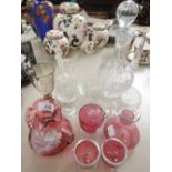 A selection of vintage glassware including Cranberry, Mary Gregory style, a pair of salts with HM