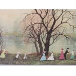 A print after Helen Bradley, Miss Carter and family out on a walk by a lake, signed 16'x22'
