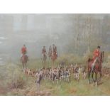 An oil painting, J B Noel, Huntsmen and dogs in autumnal woodland, signed, 16'x 23.5'