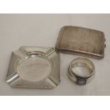 An HM silver cigarette case, Mappin & Webb ash tray and napkin ring, approx 200g