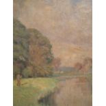 An oil painting, G Harrison, Fishermen on river bank, signed, 19'x17'